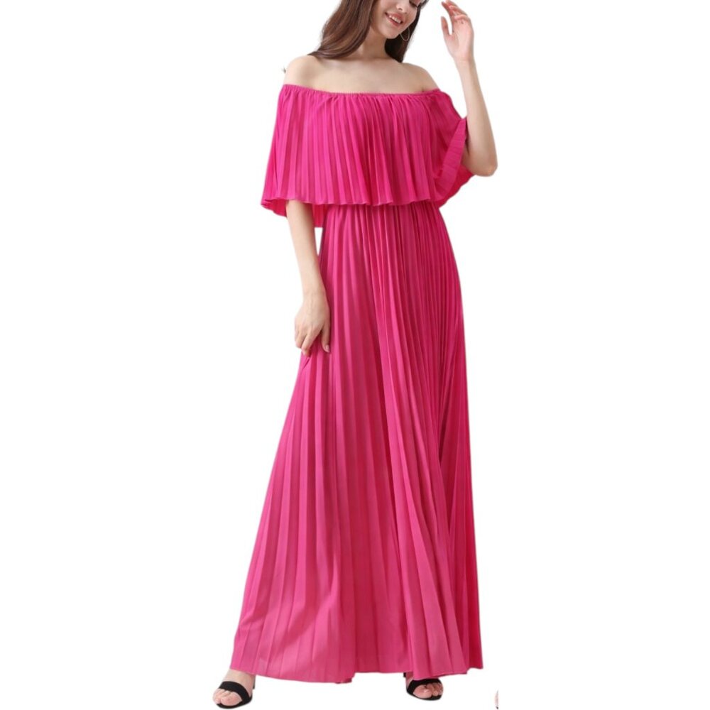 Off-Shoulder Pleated Maxi Wedding Guest or Shower Dress in Hot Pink Size Large